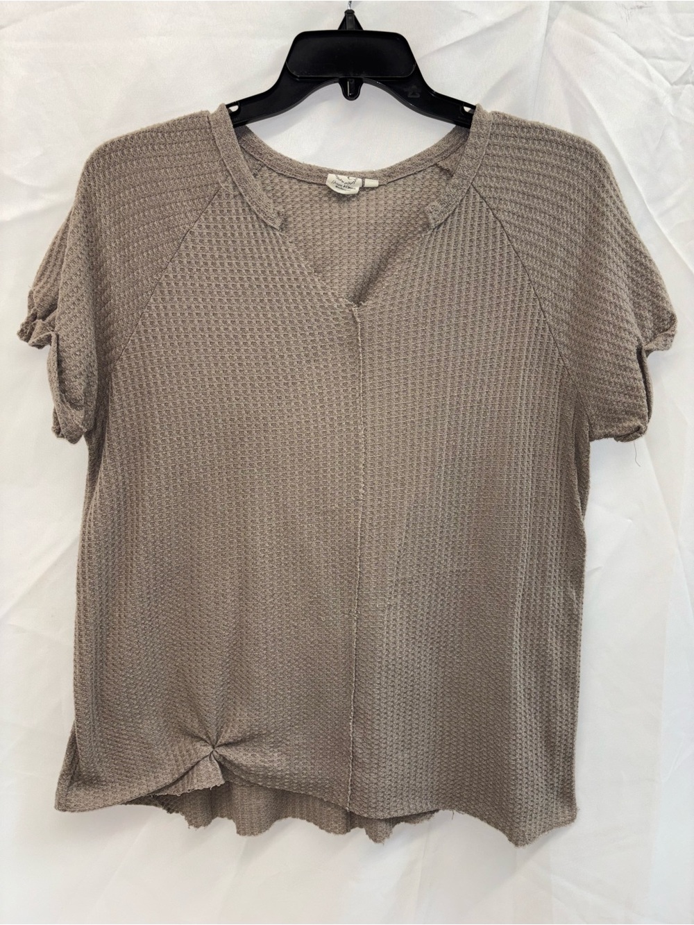 Short-Sleeve Waffle Knit Top in Taupe with Front Knot